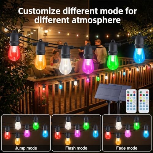 96FT Solar Outdoor String Lights – Dimmable RGB LED Patio Lights with Remote, Waterproof for Garden, Yard, Deck, and Backyard Decor - Image 4