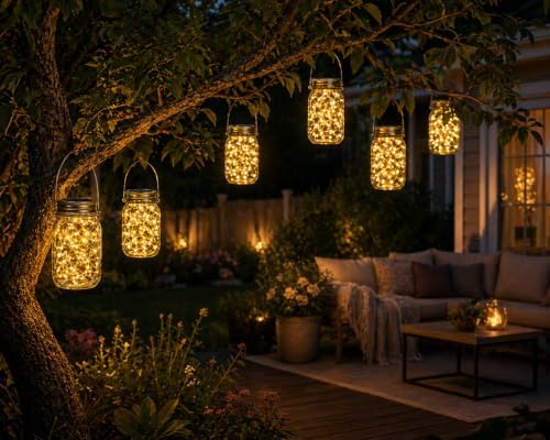 Outdoor Hanging Lanterns Solar Powered Mason Jar Lights with 30 LEDs Led String Lights for Wedding Garden Patio (Jars & Hangers Included) (6-Pack) - Image 4