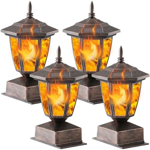 Dynaming 4 Pack Solar Flame Post Lights Outdoor, Solar Powered Lamps Fence Post Cap Lights, Flickering Flame LED Lantern Waterproof for Garden Deck Patio, Fit 4x4, 5x5 or 6x6 Wooden Posts, Bronze by Dynaming