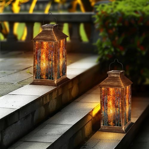 Solar Lantern Autumn Fall Forest Stained Glass Window Birch Tree Maple Leaves Outdoor Garden Hanging Lantern Waterproof Solar Powered Lighting Outside Table Lamp for Deck Yard Camping Patio Decor - Image 6