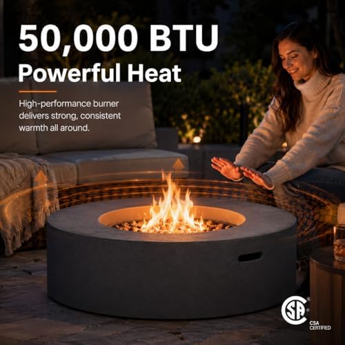 Outdoor Propane Fire Pit Table for Outside Patio, 39 Inch Concrete Fire Pit Table, Round Gas Fire Pit for Garden, Pool, Backyard, 50,000 BTU, Free Lava Rocks, Dark Gray - Image 3