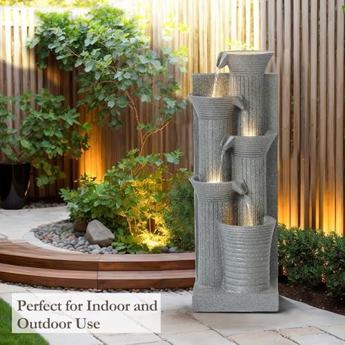 5 Tiered Waterfall Fountains, Bowl Water Fountain with LED Lights, Floor Garden Waterfalls Outside, Modern Cascading Flow Fountain for Garden, Yard, Patio, Home Decor (Light Grey) - Image 3