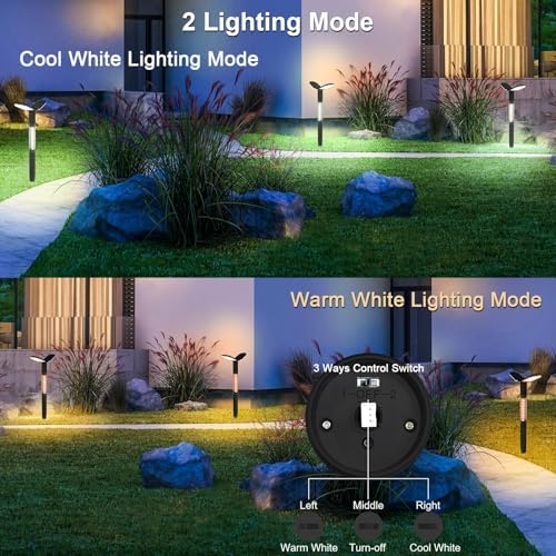 EMANER Solar Flood Lights Outdoor 2-Pack - Warm White & Daylight, Dusk to Dawn Solar Pathway Lights with Stake for Garden, Lawn, Landscape & Patio Pathway (H27, 3000mAh, 20+Hrs Runtime) - Image 3