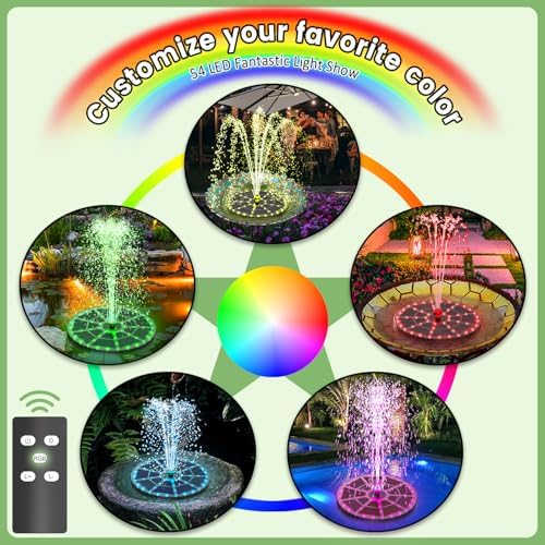 Yzert Remote Solar Fountain Adjust Spray Height with Fantastic Colorful Lights, 2026 6W Solar Bird Bath with 4000 mAh Battery, Solar Water Fountain Pump for Outdoor, Garden Decor, Pond, Pool (54LEDs) - Image 2
