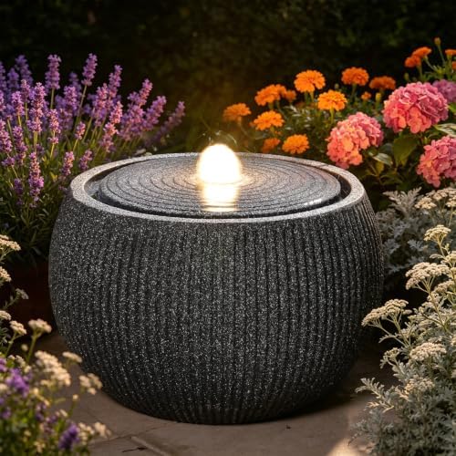 11" H Outdoor Water Fountain with Warm LED Light, Small Bubbler Garden Fountain for Patio, Porch, Yard & Deck, Modern Round Water Feature by Unknown