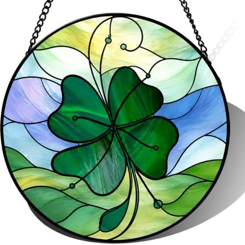 Stained Glass Suncatcher Four Leaf Clover Window Hanging Green Lucky Shamrock Glass Panel Home Decor Irish Gift for Mom Grandma Friend Christmas Wall Art Birthday 9.8 Inch by Unknown