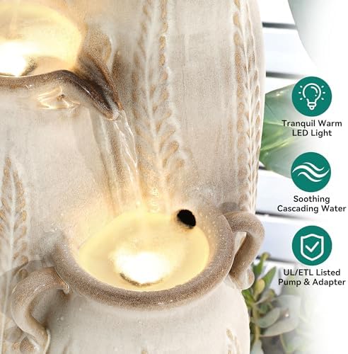 30" Ceramic Vase Water Fountain Outdoor with LED Lights, Cream Ivory - Image 5