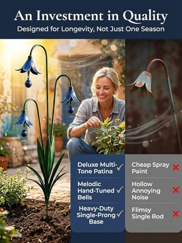 2026 New Triple Bluebell Garden Stake with Bells, Handmade 26inch Metal Rain Chimes Flower Plant Sculpture Yard Decorations Outdoor Rustic Wind Chime Ornament Gift for Walkways Patios Lawn - Image 7