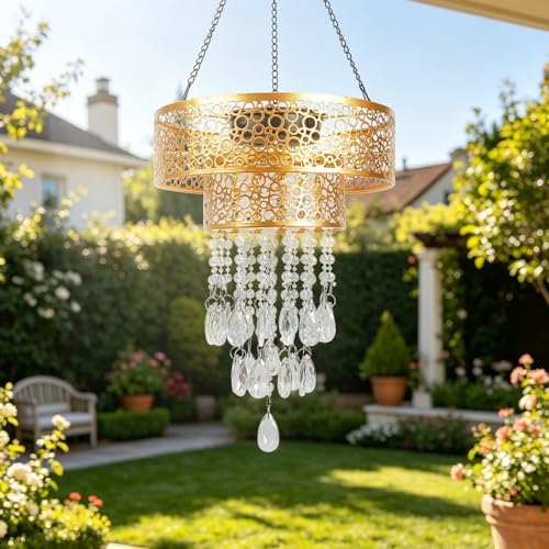 Solar Powered Hanging Chandelier Gold Metal Frame Acrylic Crystal Waterproof Outdoor Hanging Light for Patio, Wedding, Party, Garden Decor Rechargeable LED Pendant Lamp with Auto On/Off - Image 2