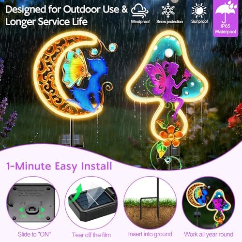 VOOKRY Solar Lights,Metal Waterproof Neon Moon Glowing Garden Stake Light - Image 3