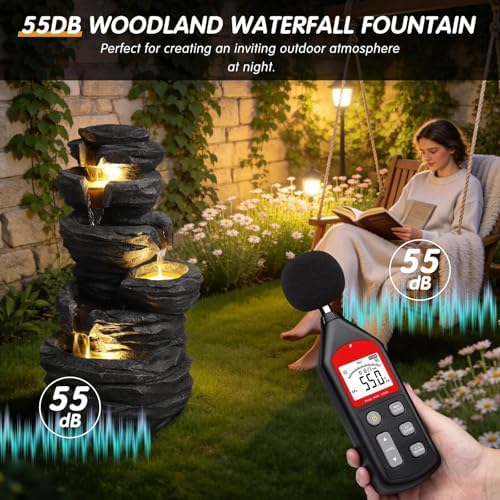 25.6" Waterfall Fountain with LED Lights, Rock Tiered Outdoor Resin Water Feature for Zen Garden, Patio & Porch Decor, Floor-Standing Fountain with Pump - Image 5