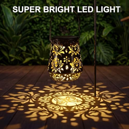 Edenseelake 2 Pack Solar Hanging Lanterns Outdoor Waterproof, Metal Flower Solar Lights, Decorative LED Lantern for Garden, Patio, Porch, Yard, Lawn, Bronze - Image 7