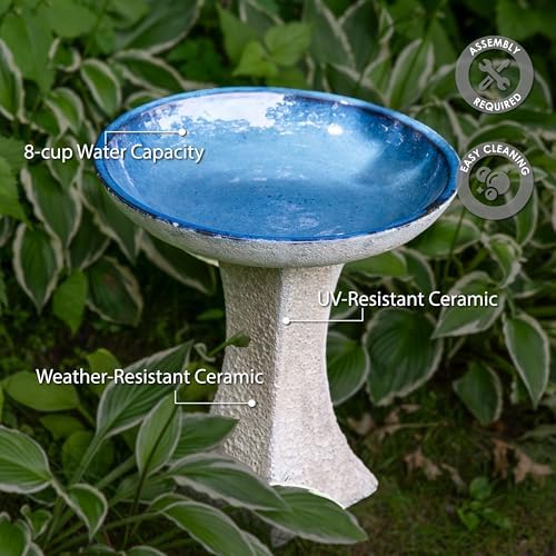 Sunnydaze Ceramic Bird Bath Bowl,16” H, Blue Glaze Basin, White Lava Finish - Image 3