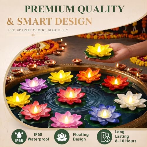 Liliful 48 Pcs Diwali Floating Lotus Lights, 3.94 Inch, 8 Colors - Image 5