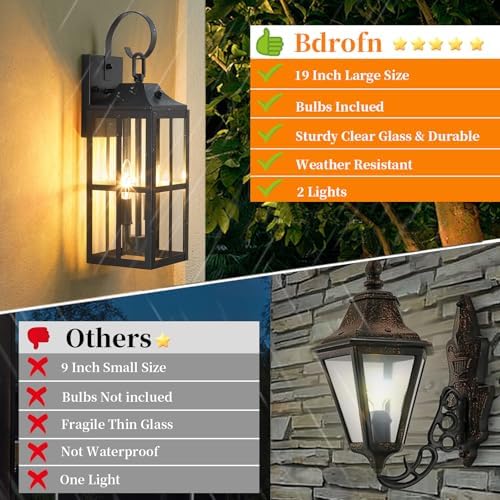 Bdrofn 2 Pack 19" Large Outside Modern Wall Sconce Light Fixture, Industrial Porch Light Wall Mount with Glass, Waterproof Farmhouse Exterior Lamp Lighting Bulbs Included - Image 5
