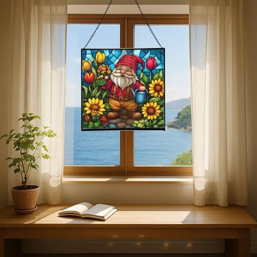 Spring Garden Gnome Stained Glass Suncatcher – Square Hanging Window Panel for Home or Greenhouse – Whimsical Glass Art Gift for Garden Lovers, Christmas, Halloween, Father Days YhRWhP - Image 6