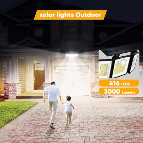 MDCMDCM Outdoor Solar Light Motion Sensor Waterproof - 3000 Lumens 3 Modes 416 LEDs 32ft 5 Heads Security Lights Flood Lights with Remote for Patio Yard Pool Outside （Wireless, 3p） - Image 2