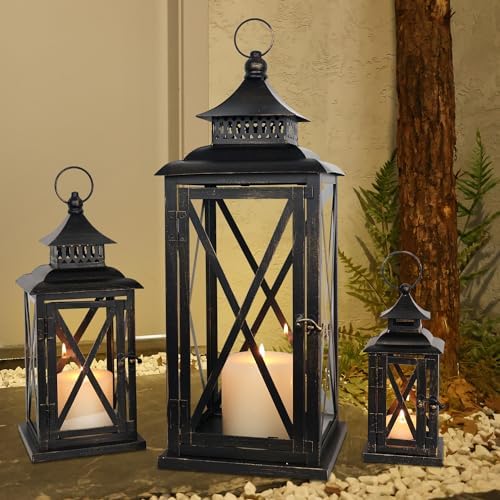 3PCS (20’’&13’’&9’’) Lanterns Decorative Indoor & Outdoor, Vintage Metal Frame Candle Holders for Front Porch, Patio, Pathway, Balcony, Garden, Yard Decor, Halloween Christmas Decorations - Image 3