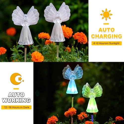 Outdoor Solar Garden Lights,4 Pack Solar Angel Decorative Lights, IP67 Waterproof Color Changing LED Solar Outdoor Lights,Solar Stake Lights for Cemetery Grave Garden Patio Yard Lawn Decoration - Image 4