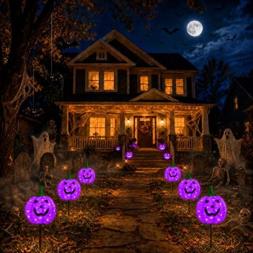 Solar Halloween Pumpkin Lights, 2 Pack Purple Pathway Stake Lights - Image 2