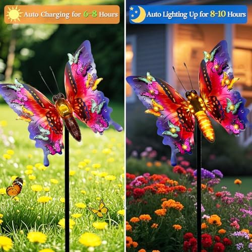 ANGMLN Solar Garden Lights, Outdoor Butterfly Garden Decor Large 41" Metal Decorative Lights, Waterproof Butterfly Outside Decoration Patio Yard Porch Birthday Gardening Gifts for Mom Women, Purple - Image 3
