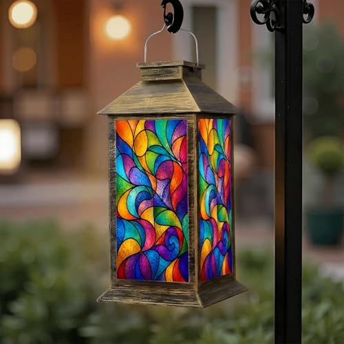 Solar Lantern Outdoor Waterproof Sketch Colorful Stained Glass Window Abstract Stained Glass Art Garden Decor LED Hanging Solar Lights Tabletop Lamp Gifts for Women Mom Outside Yard Patio Porch by DERUINVAIO