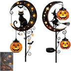 Solar Halloween Black Cat & Pumpkin Moon Garden Stake Light,2-in-1 Waterproof Outdoor LED Yard Decor with Hanging Lantern,Auto Dusk-to-Dawn Lawn Ornament for Pathway,Patio, Walkway (Black-Q-2PCS) by HZSprance
