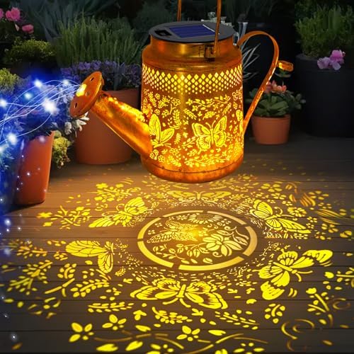 Butterfly Solar Lights Outdoor Waterproof, Solar Watering Can Lights with Shepherd Hook, Metal Hanging Lantern Garden Decor Yard Outside Patio Lawn, Gifts for Mom Grandma Women Birthday - Image 2