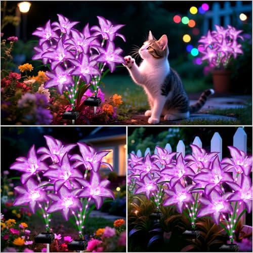 Solar Lights Outdoor, Gift for Women Mom Grandma Wife Daughter, 6 Pack 24 Solar Purple Lily Flower Lights Solar Flower Light Waterproof, Outside Decor Stake Light for Landscape Yard Patio Lawn Garden - Image 5