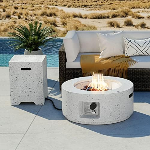 COSIEST 2-Piece Outdoor Propane Fire Pit Table Set w Tank Table, 28" Terrazzo Round Fire Table (Certified, 40,000 BTU) w 16" Tank Cover Side Table 20lb, Waterproof Cover for Garden, Pool, Backyard by COSIEST