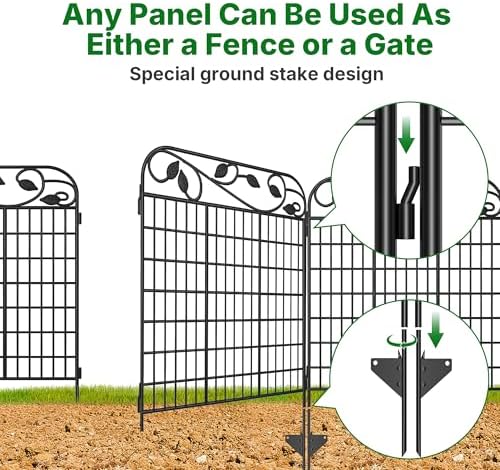 AMAGABELI 4 Panels 44 in(H )X 12 ft(L) Decorative Garden Fence Gate,Dog Fence Outdoor for Yard,Rustproof Tall Garden Fencing Animal Barrier Metal Wire Panel Border with Leaves for Flower Bed Black - Image 3