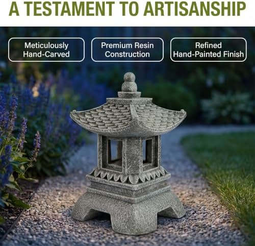 Solar Pagoda Decors Garden Statues, Zen Asian Outdoor Statues Accessories Japanese Pagoda Lamp Lantern for Garden Balcony Patio Porch Yard Art Ornament Decoration, 12 Inches - Image 3