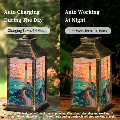 Solar Lantern Sunset Lighthouse Stained Glass Outdoor Garden Hanging Lantern Waterproof Solar Powered Lighting Outside Table Lamp for Deck Yard Camping Patio Decor - Image 4