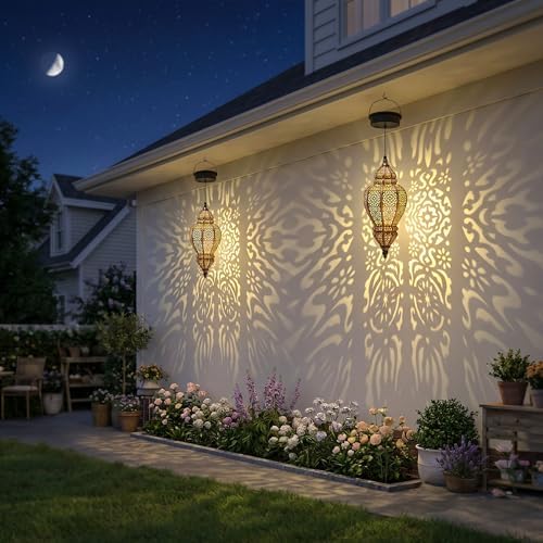 Hapjoy Moroccan Hanging Solar Lights Outdoor Lantern Bidirectional Availabili Garden Decor Waterproof Plastic Gold Decorations for Patio Pathway Yard Backyard Solar Powered Garden Decorative (1, gold) - Image 4