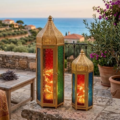 TRIROCKS Set of 2 Moroccan Candle Lanterns 22.5''&15'' H Decorative Candle Holder Hanging Lanterns with Embossed Colored Tempered Glass Ramadan Decorations for Home Outdoor Indoor Patio Weddings(Gold) - Image 4
