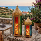 TRIROCKS Set of 2 Moroccan Candle Lanterns 22.5''&15'' H Decorative Candle Holder Hanging Lanterns with Embossed Colored Tempered Glass Ramadan Decorations for Home Outdoor Indoor Patio Weddings(Gold) - Image 4