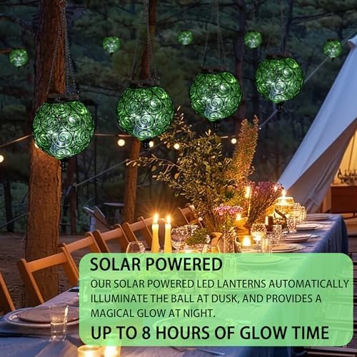 Solar Hanging Lantern Outdoor Garden Lights, Round Glass and Metal Hanging Lantern, 15 Firefly LED Lights, 7 x 20 Inch (Green) - Image 4
