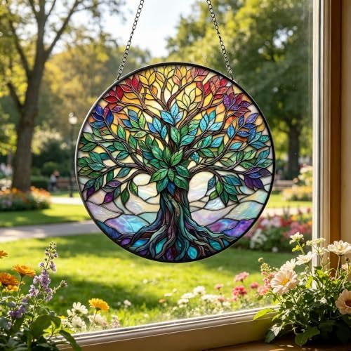 Statement Deluxe Bundle | Stained Glass Window Hanging, Tree of Life 3D Embossed Diamond Glass Suncatcher, 7-Piece Spiritual Gift Set with Crystal Pendant & Invisible Hooks - Image 4