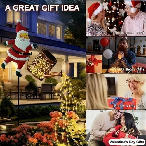 Christmas Solar Kettle Lights Garden Lawn Decorative Lights, Waterproof Hanging Christmas Santa Solar Kettle Light, Watering Can with Cascading Lamp, Stake for Garden Decor (Warm Light, 2 Pcs) - Image 6
