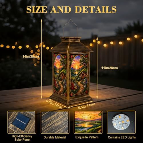 Solar Lantern Outdoor Waterproof Stained Glass Cottage Flower Garden Scenic Hillside Garden Decor LED Hanging Solar Lights Tabletop Lamp Gifts for Women Mom Outside Yard Patio Porch - Image 2