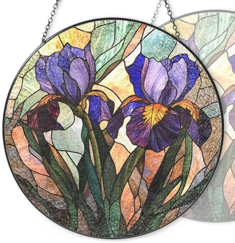 9.84 Inch Stained Glass Window Hanging Iris Sun Catchers Purple and Blue Iris Suncatchers for Windows Hanging Stain Glass Decoration for Home Decor Garden Outdoor Indoor Window Decor Gift by Unknown