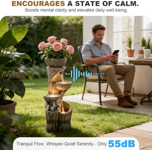 35.5" H Outdoor Water Fountain with Planter & LED Lights, Cascading Waterfall Garden Water Feature, Stone-Look Fountain for Patio Backyard Porch Decor - Image 5