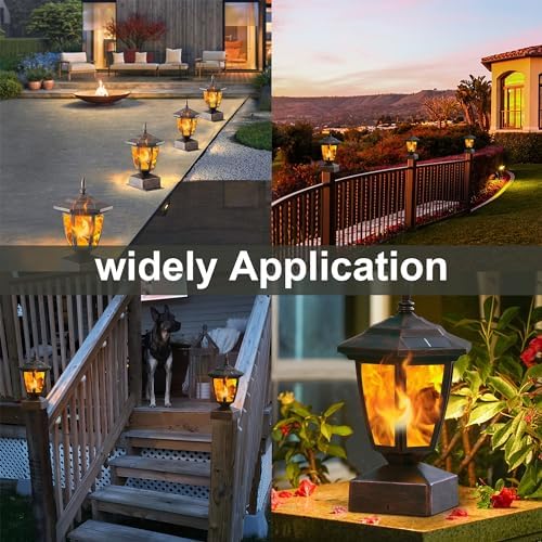 Dynaming 4 Pack Solar Flame Post Lights Outdoor, Solar Powered Lamps Fence Post Cap Lights, Flickering Flame LED Lantern Waterproof for Garden Deck Patio, Fit 4x4, 5x5 or 6x6 Wooden Posts, Bronze - Image 5