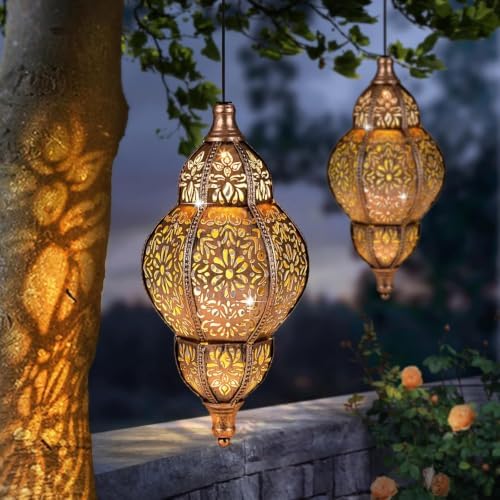 Hanging Solar Lantern Outdoor Decor 2Pack, 9.5In Moroccan LED Lights for Outside Garden Decorations, Waterproof Solar Lanterns Garden Gifts for Mom, Women, Patio, Yard (Copper) by AIINY