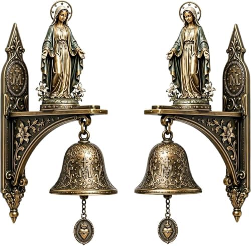 Our Lady of Grace Bronze Medal Wall Bell, Catholic Religious Home Garden Decor,Virgin Mary Hanging Prayer Bell,Vintage Mary Statue Brass HandBell,Church Porch Prayer Chapel Entryway Devotional Gift by Unknown