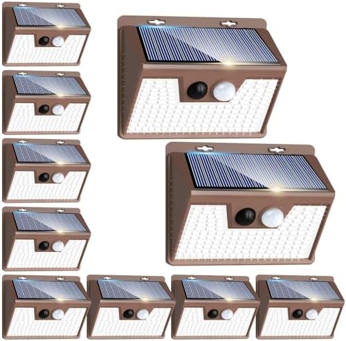 Peasur Solar Lights for Outside [10 Pack/140LED/Brown], Motion Sensor Outdoor Lights Ultra-Bright, Solar Security Light 3 Working Modes, Waterproof for Outside Garden Yard by Peasur