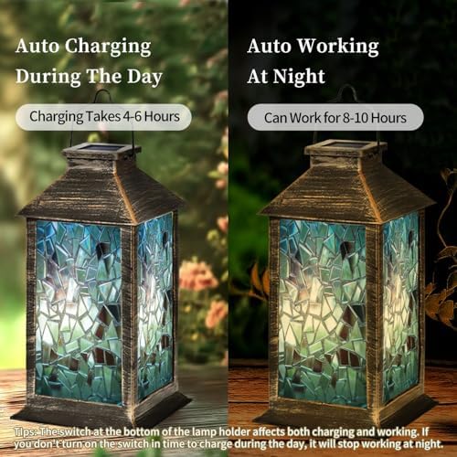 Solar Lantern Stained Glass Window Outdoor Garden Hanging Lantern Waterproof Solar Powered Lighting Outside Table Lamp for Patio Deck Yard Camping Beach House Decor, 1 Pack - Image 4