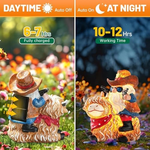 Solar Highland Cow Gnome Statue - Hand-Painted Resin Outdoor Decor for Garden & Yard, Unique Mothers Day Birthday Gifts for Grandma Women (Weatherproof) - Image 5