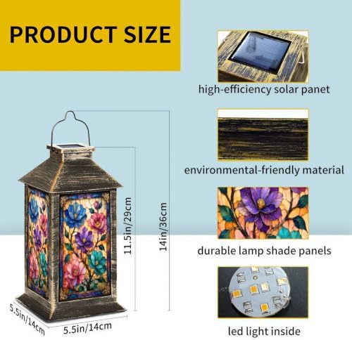 Solar Lantern Vibrant Stained Glass Floral Outdoor Waterproof Garden Hanging Lantern Solar Powered Lighting Outside Solar Light for Patio Yard Camping, Gifts for Women Mom - Image 2