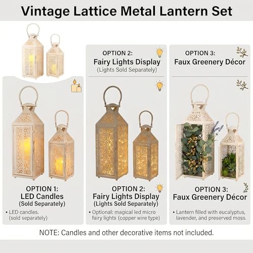 JHY DESIGN Set of 2 Decorative Candle Lanterns 19"&14" H, Vintage White Gold Metal Lantern with Hollow Pattern, Indoor Outdoor Lantern Candle Holders for Porch, Patio, Wedding, Table Centerpiece - Image 4